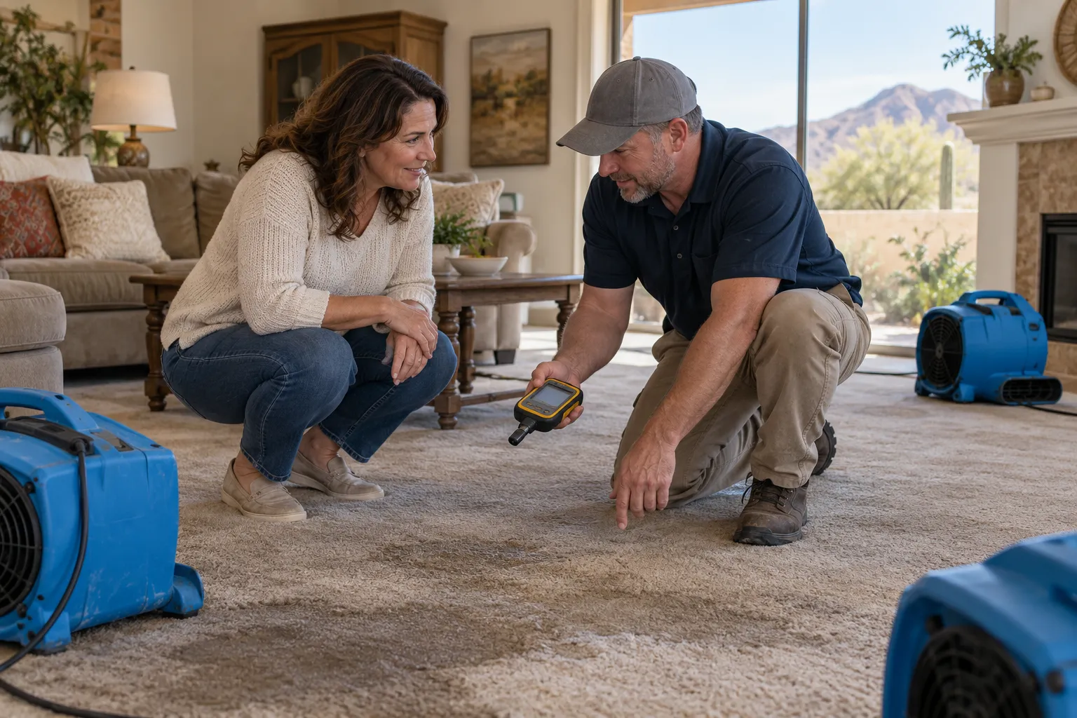 Water damage restoration technician drying a flooded living room in Stockton